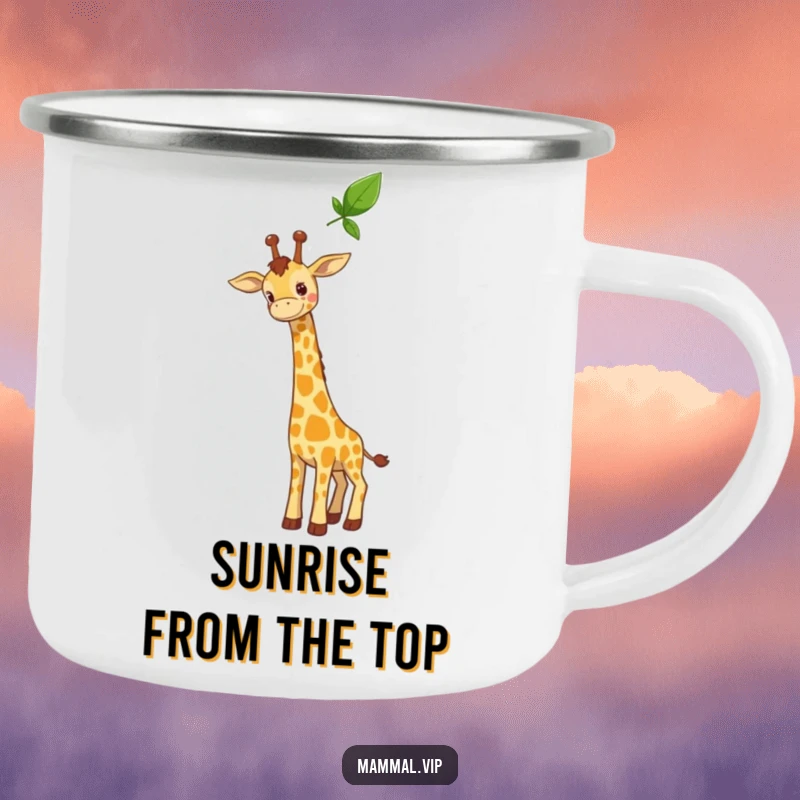 Funny camping mug showing a curious giraffe character stretching its long neck towards a high leaf, ready for exploration and scenic views.