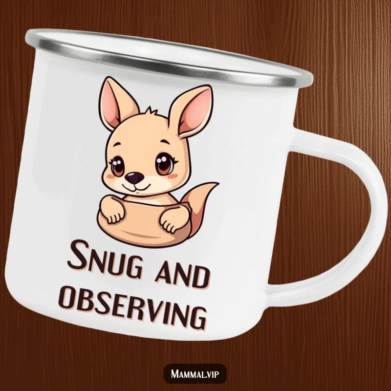 Funny Kangaroo Camping Mug with a curious kangaroo peeking out of its pouch, ideal for outdoor humor.