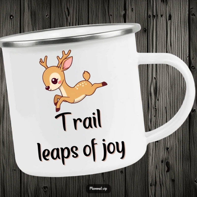 Funny deer camping mug illustrating a graceful deer character in a dynamic leap, ready for outdoor trips and humorous inspiration.