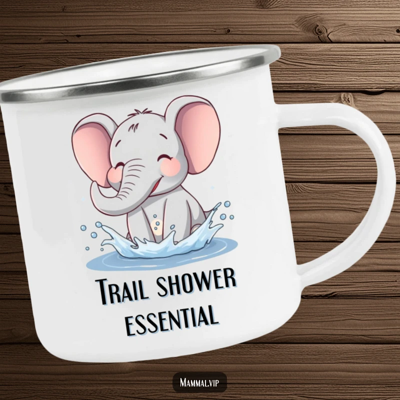 Funny Elephant Camping Mug showing a happy elephant splashing water, ideal for outdoor enthusiasts seeking humor.