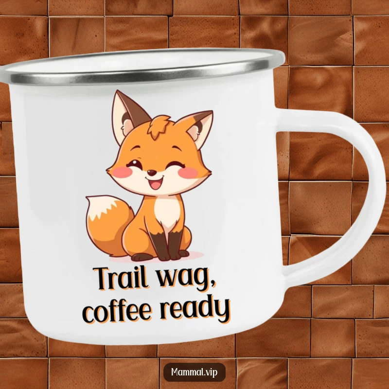 Funny camping mug showing a cute fox character with a wide grin, playfully wiggling its bushy tail, durable and charming for outdoor use.
