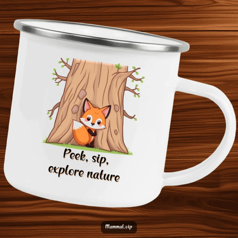 Funny fox kit camping mug with a curious character peeking from behind an oak tree, designed for outdoor use and humorous enjoyment.