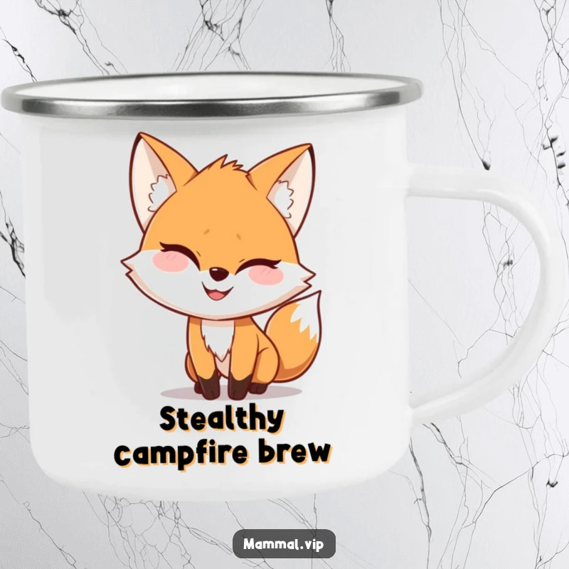 Funny Camping Mug showcasing a playful fox character with a mischievous grin, ready for outdoor escapades.