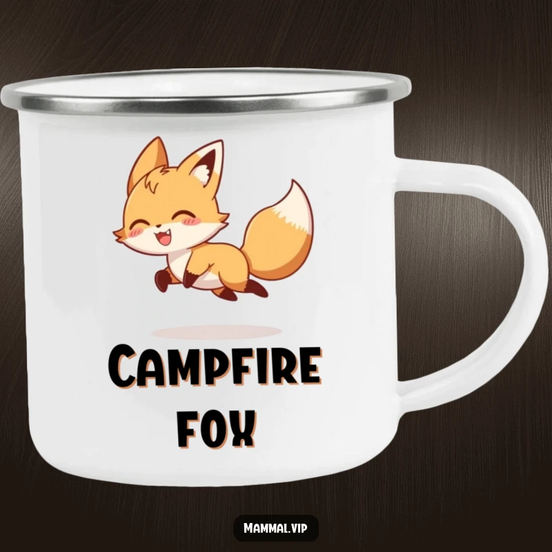 Funny playful fox character chasing its tail on a camping mug, a humorous outdoor drinkware and animal lover gift.
