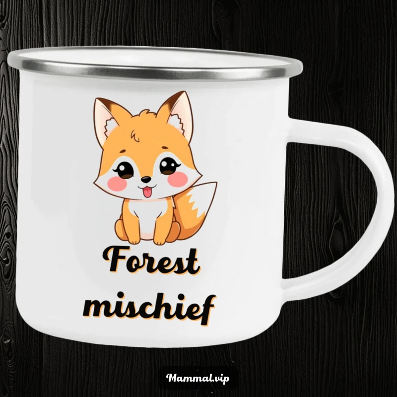Funny fox sticking its tongue out in a camping setting, a humorous outdoor mug.