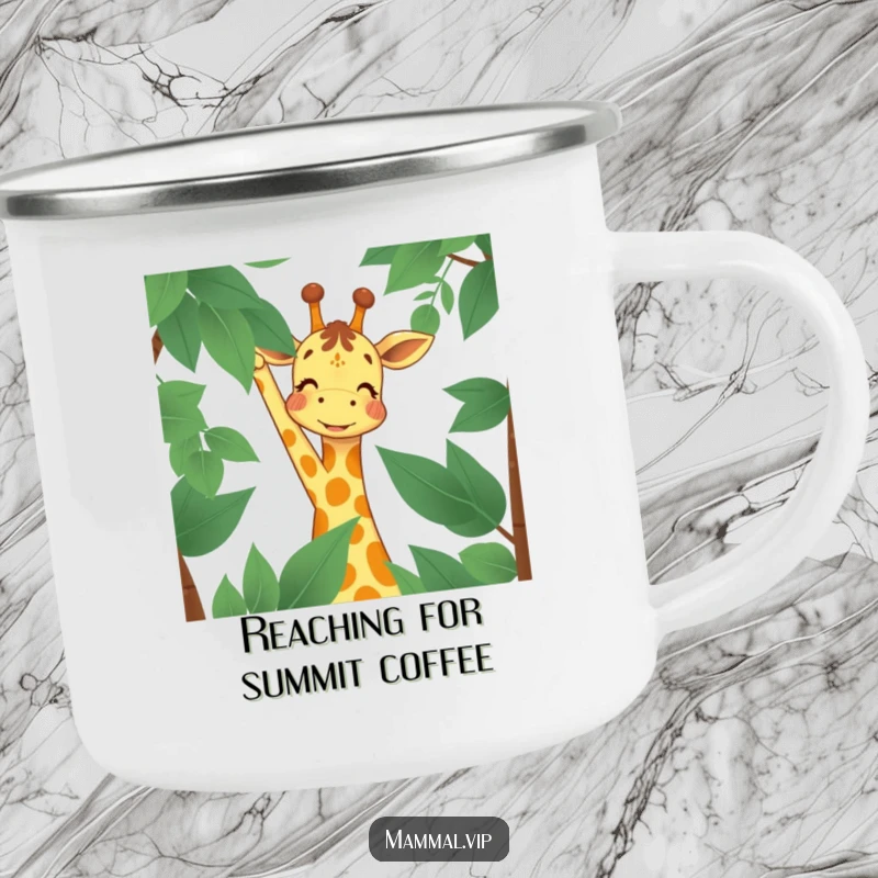 Funny Camping Mug showcasing a joyful giraffe character reaching for high leaves, ideal for campers who need a dose of inspiration and cheerful ambition.