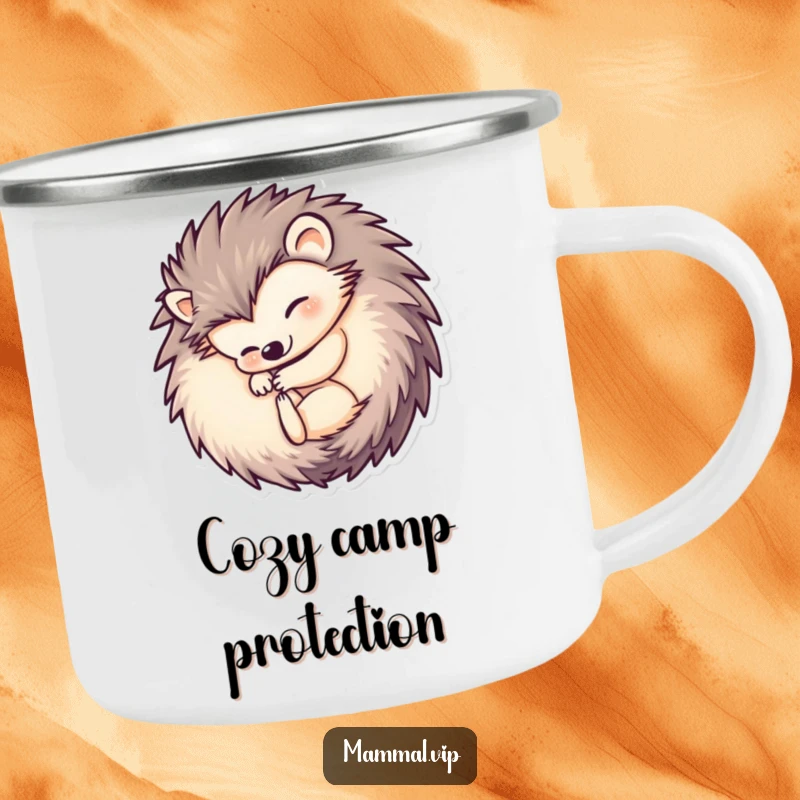 Funny hedgehog camping mug illustrating a cute hedgehog character curled into a ball, ready for outdoor trips and humorous relaxation.