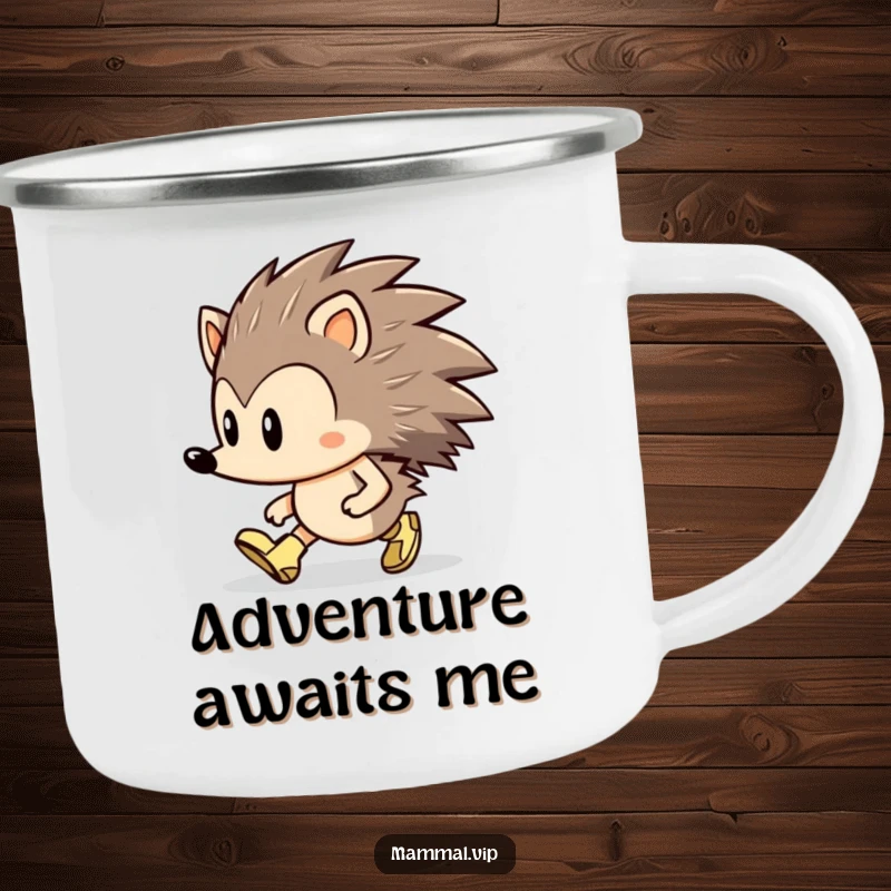 Funny Hedgehog Camping Mug: A determined hedgehog character marching forward with tiny boots in an outdoor setting.
