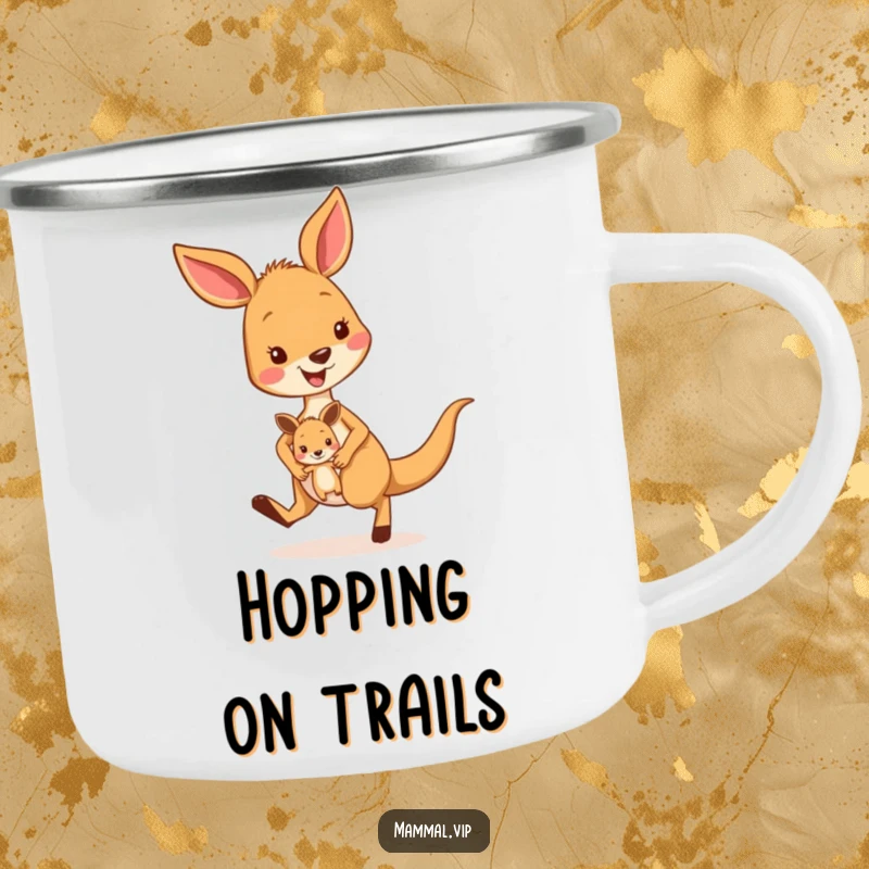 Funny kangaroo camping mug showing an energetic character hopping with a joey, ideal for enjoying beverages during outdoor adventures with a touch of humor.
