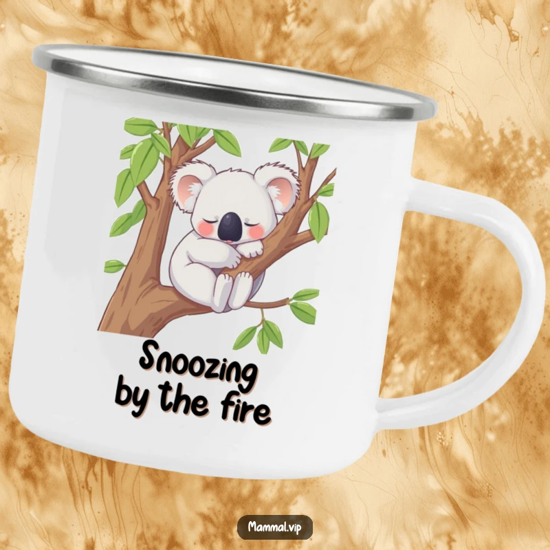 Funny Camping Mug showcasing a content koala character peacefully snoozing on a tree branch, ideal for campers who need a dose of serenity and cheerful calm.