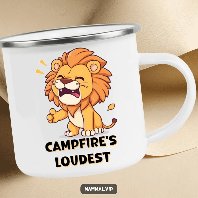 Funny Lion Camping Mug showing a determined lion roaring with funny effects, ideal for outdoor enthusiasts.