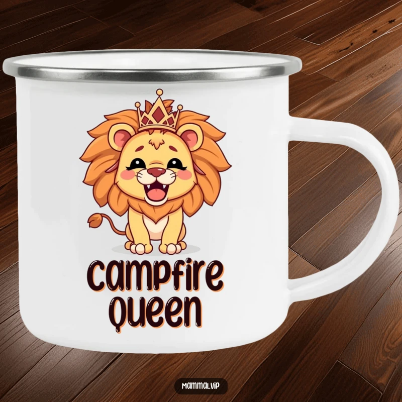 Funny camping mug showing a proud lion character wearing a tiny tiara and roaring, great for outdoor enthusiasts who love power.