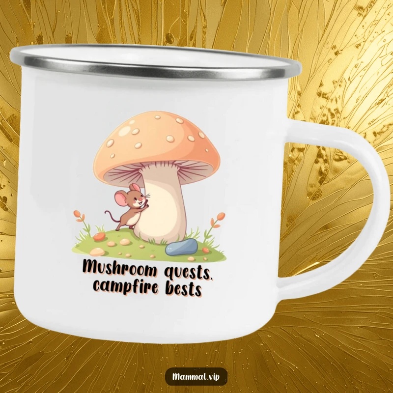 Funny tiny mouse camping mug with a character excitedly exploring a giant mushroom, designed for outdoor enjoyment and whimsical adventure.
