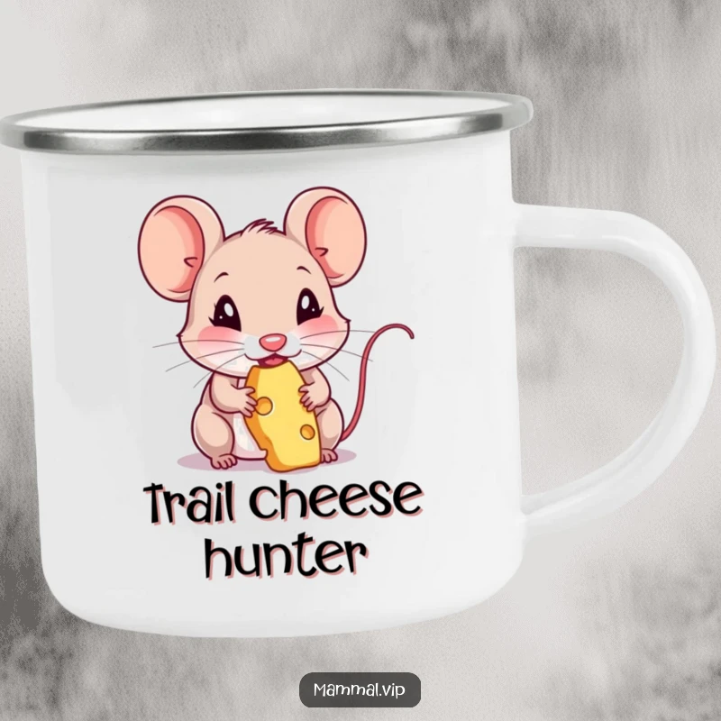 Funny camping mug featuring a mouse character happily nibbling on cheese. Humorous enamel camp cup.