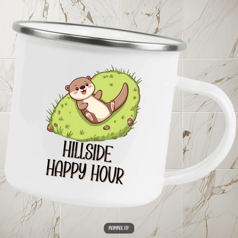 Funny Camping Mug: Cheerful otter character joyfully sliding down a grassy hill.