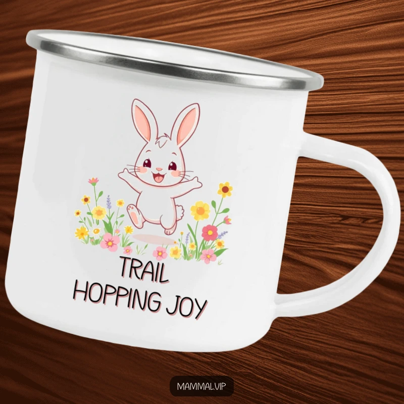 Funny camping mug featuring a bouncy rabbit character hopping through a field of flowers, perfect for outdoor enjoyment.