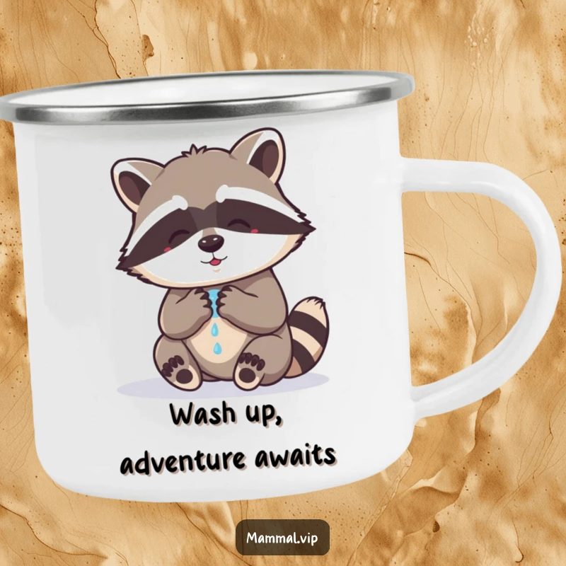Funny raccoon camping mug illustrating a determined raccoon character washing its paws, ready for outdoor fun and humorous moments.