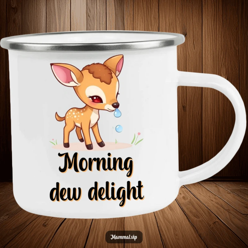 Funny shy deer fawn camping mug with a gentle character cautiously sniffing a dewdrop, perfect for nature lovers enjoying the outdoors.