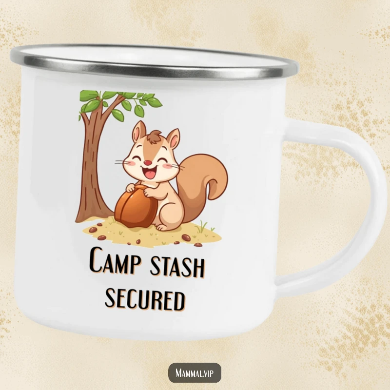Funny Camping Mug showing a happy squirrel character burying a giant acorn, perfect for outdoor enthusiasts and humor lovers.