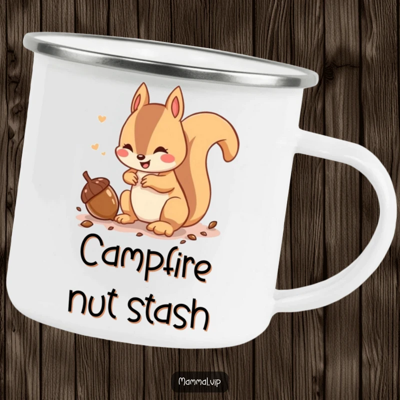Funny camping mug featuring a playful squirrel character chattering while burying an acorn, perfect for outdoor enjoyment.