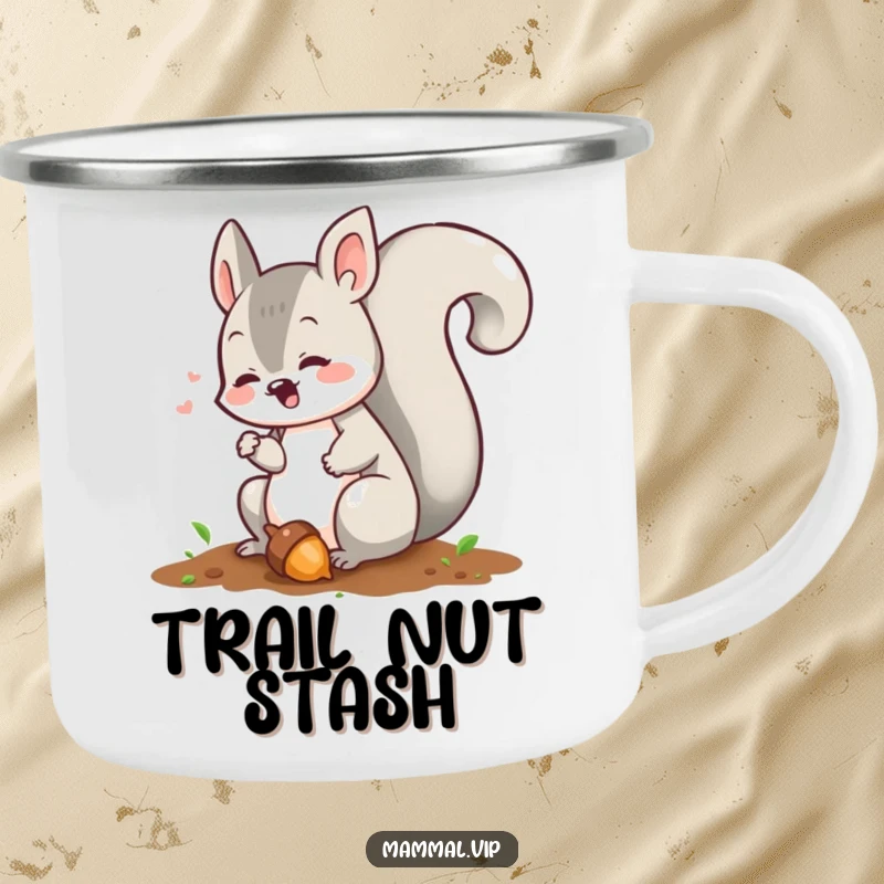 Funny squirrel camping mug showing a chattering character burying an acorn, perfect for outdoor adventures and a good chuckle.