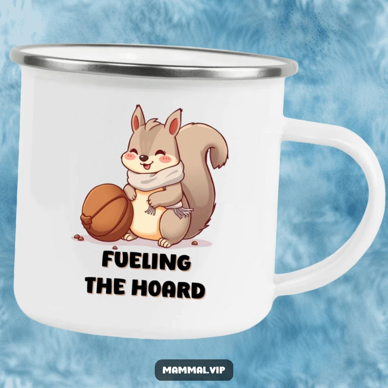 Funny camping mug: a squirrel in a scarf burying a large nut, ready for outdoor warmth and humor.