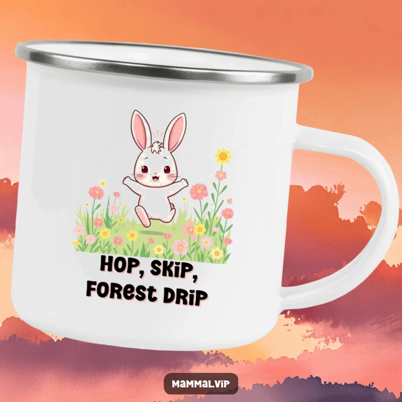 Funny bouncy rabbit camping mug with a character enthusiastically hopping through a field of flowers, designed for outdoor enjoyment.
