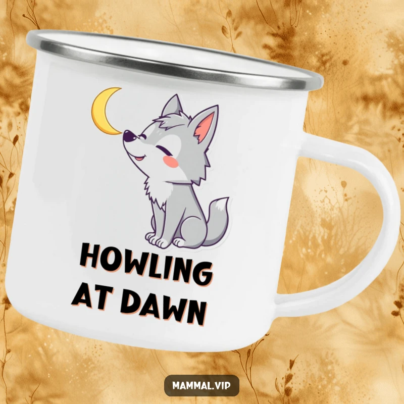 Funny Wolf Camping Mug: A silly wolf character howls at a crescent moon, built for outdoor adventures and humor.