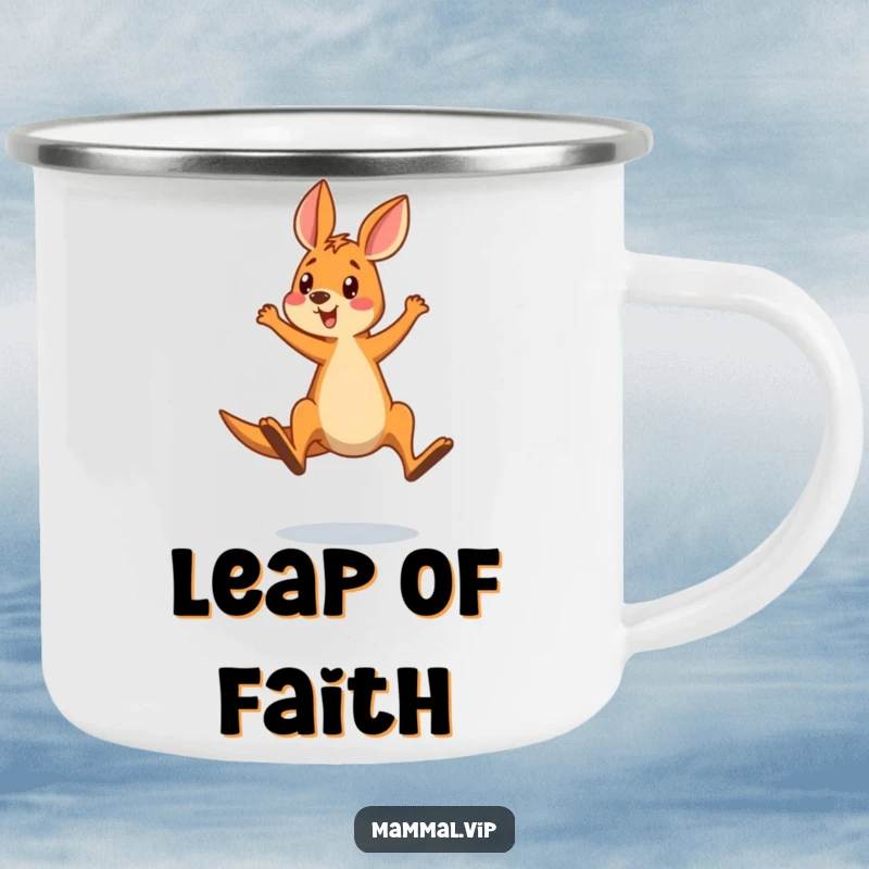 Funny camping mug with a surprised kangaroo comically overshooting a jump, perfect for outdoor humor and adventure.