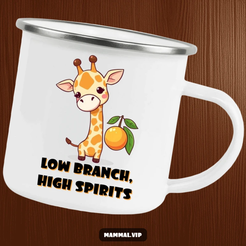 Funny enamel camping mug featuring a cute giraffe character comically stretching to reach a low-hanging fruit, perfect for humorous outdoor moments.