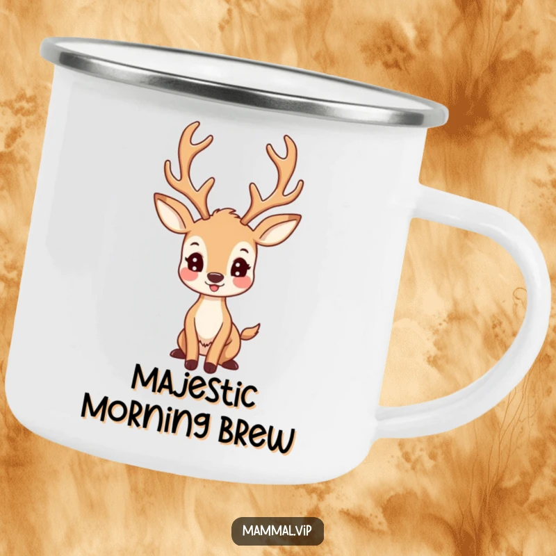 Funny Deer Camping Mug: A happy deer character with large antlers posing proudly, durable and charming.