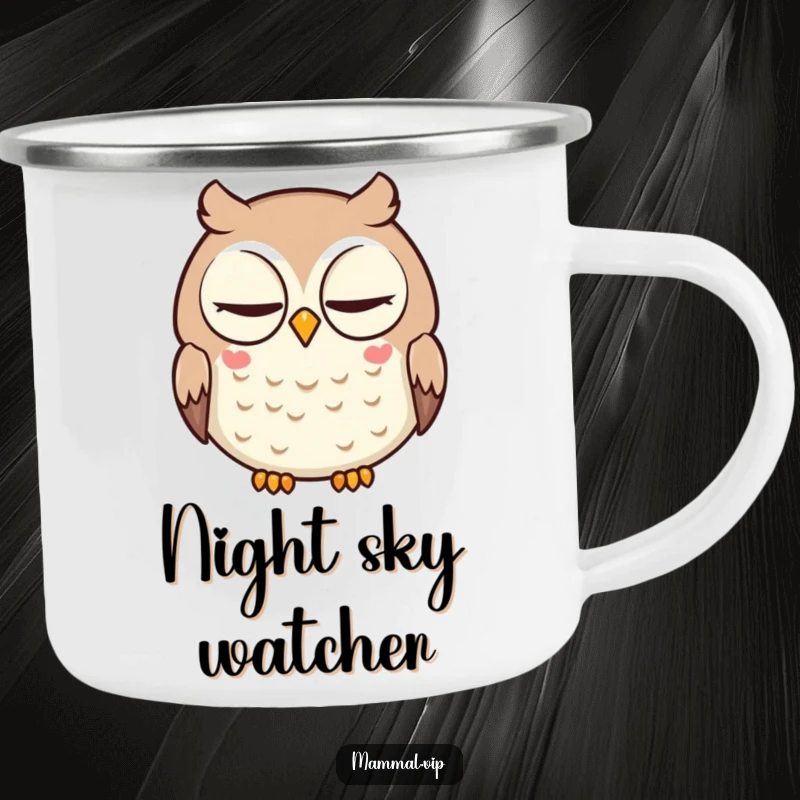 Funny camping mug with a wise, round owl character giving a slow, deliberate blink. Great for outdoor contemplation.