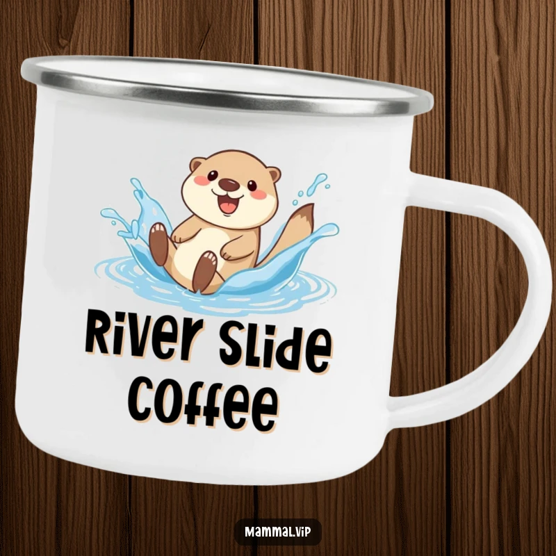 Funny happy otter character on a camping mug, sliding down a water splash during an outdoor trip.