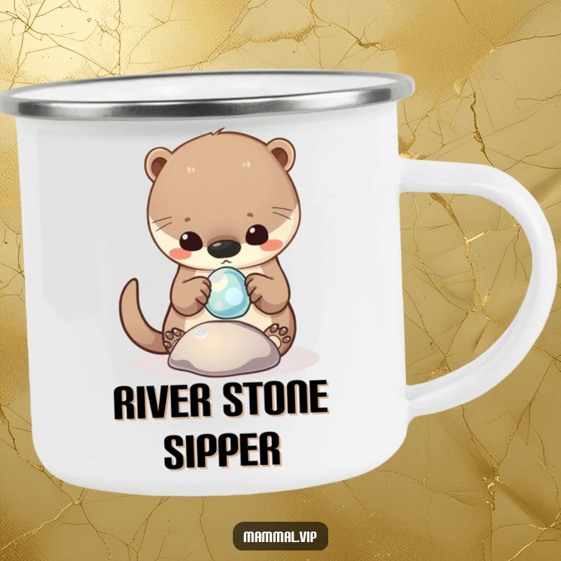 Funny Camping Mug showing a curious otter character playing with a shiny, floating pebble, perfect for outdoor enjoyment.
