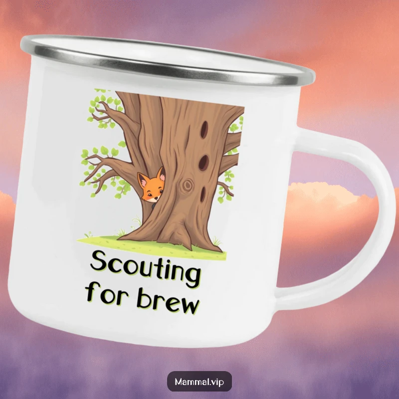 Funny camping mug with a curious fox kit peeking from behind an oak tree, perfect for enjoying drinks outdoors.