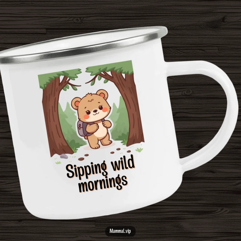 Funny bear cub with backpack, exploring a forest, on a rustic camping mug. An adventurous funny gift.