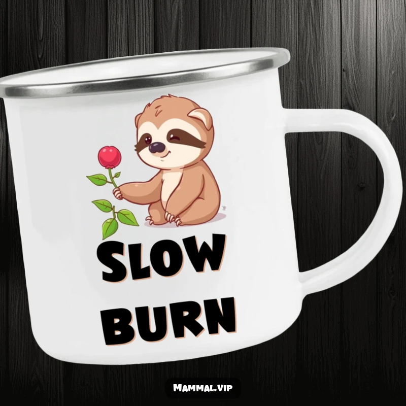 Funny camping mug with a smiling sloth character slowly reaching for a distant berry, perfect for outdoor humor.