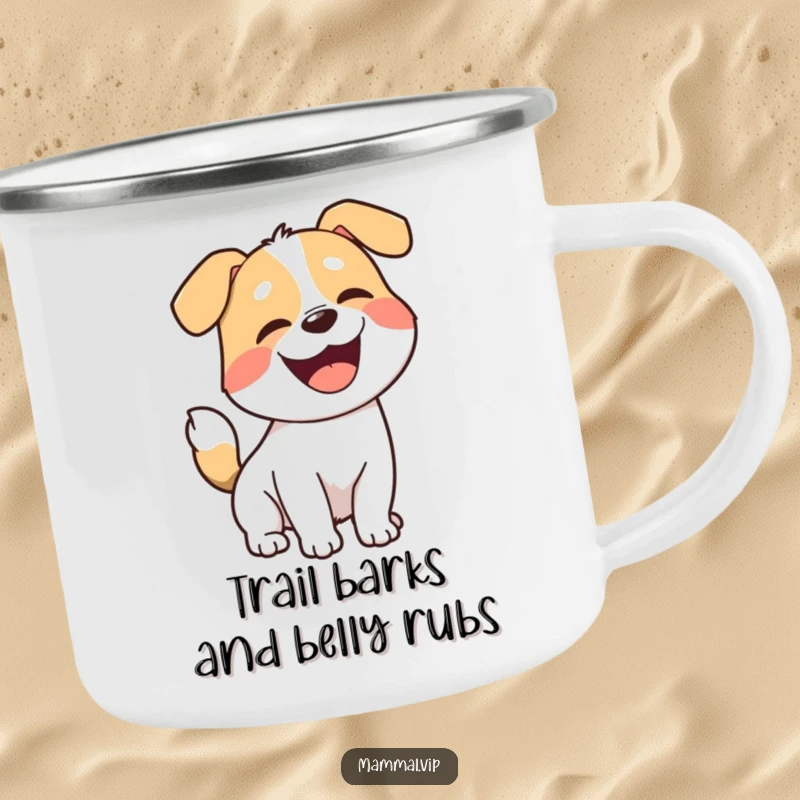 Funny dog camping mug, a joyful cartoon dog with a wagging tail, barking with excitement for outdoor escapades.