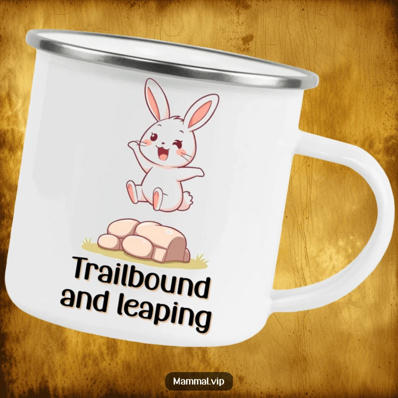 Funny Camping Mug showing a bouncy rabbit character making an impressive leap over a small log, ideal for outdoor enthusiasts.