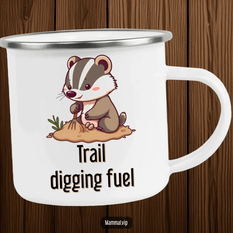 Funny energetic badger camping mug with a determined character digging enthusiastically in soft soil, perfect for motivated adventurers.