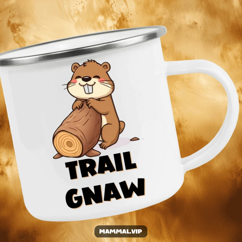 Funny beaver camping mug with a happy cartoon beaver gnawing a massive log, perfect for outdoor humor.