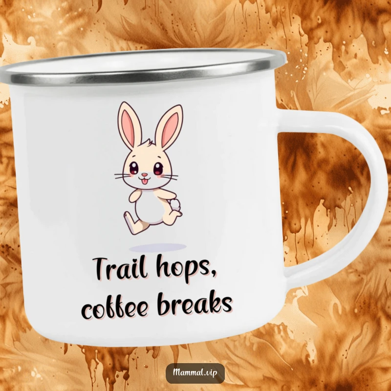 Funny camping mug showing a small bunny character with long ears, excitedly hopping on one leg, durable and energetic for outdoor use.