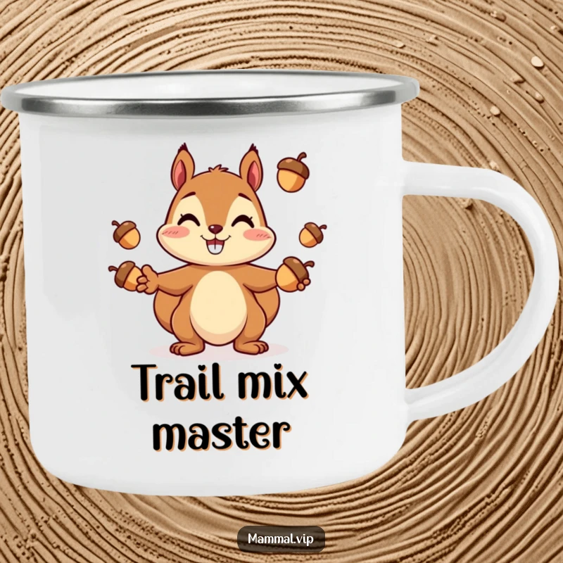 Funny Squirrel Camping Mug: A cheerful squirrel character juggling acorns in an outdoor setting, perfect for camping.