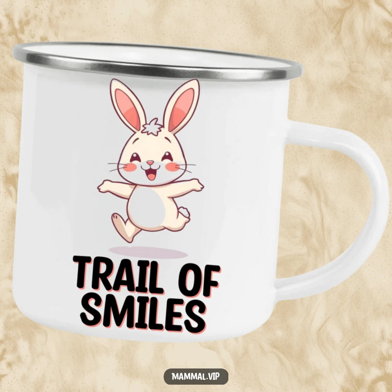Funny rabbit hopping in a nature scene, a humorous camping mug for joyful trips.