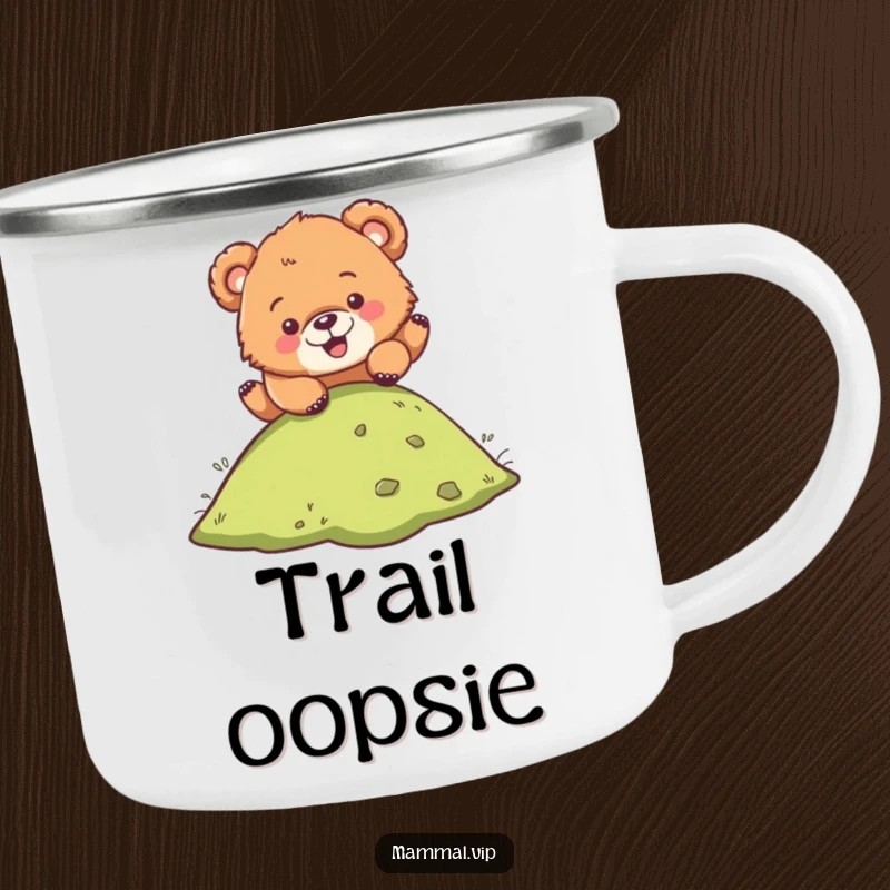 Funny camping mug featuring a bear cub character hilariously tumbling down a hill, perfect for enjoying drinks outdoors with humor.