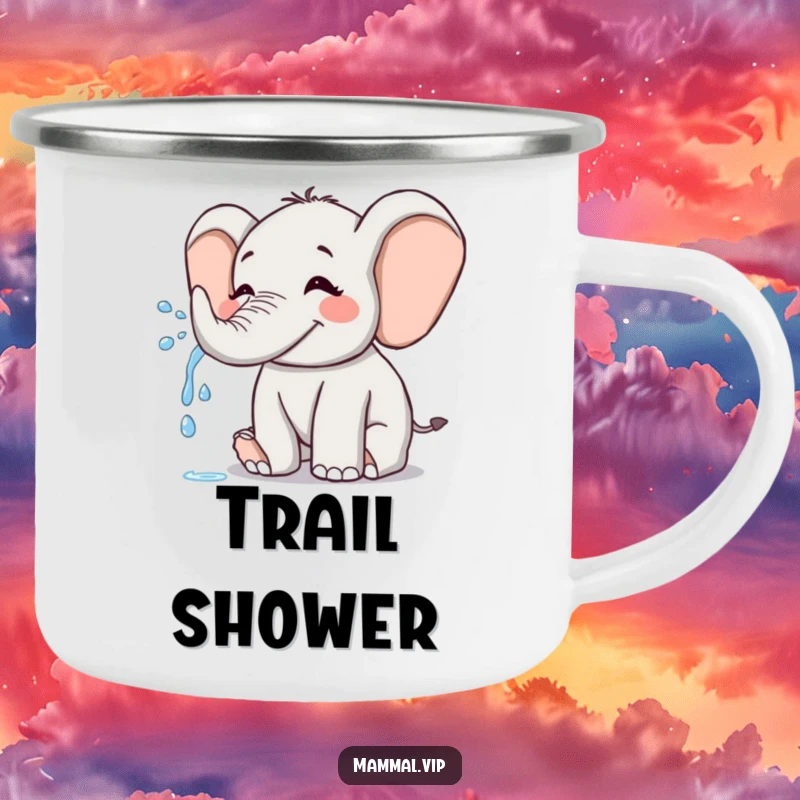 Funny Elephant Camping Mug: A joyful elephant playfully sprays water, ideal for enjoying drinks with cheerful splashy fun outdoors.