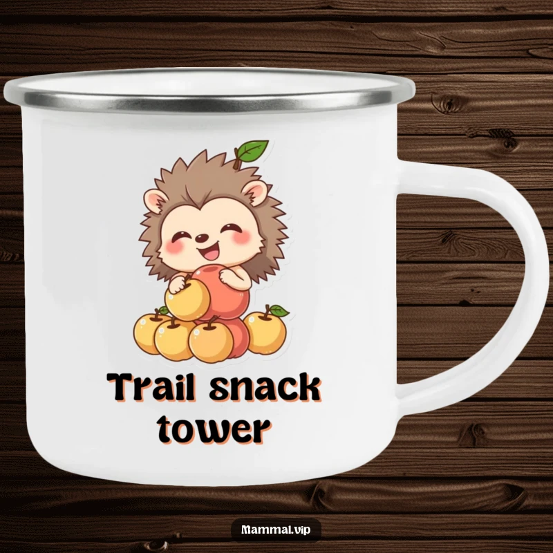Funny hedgehog camping mug showcasing a grinning hedgehog balancing apples, ideal for rugged, humorous outdoor enjoyment.