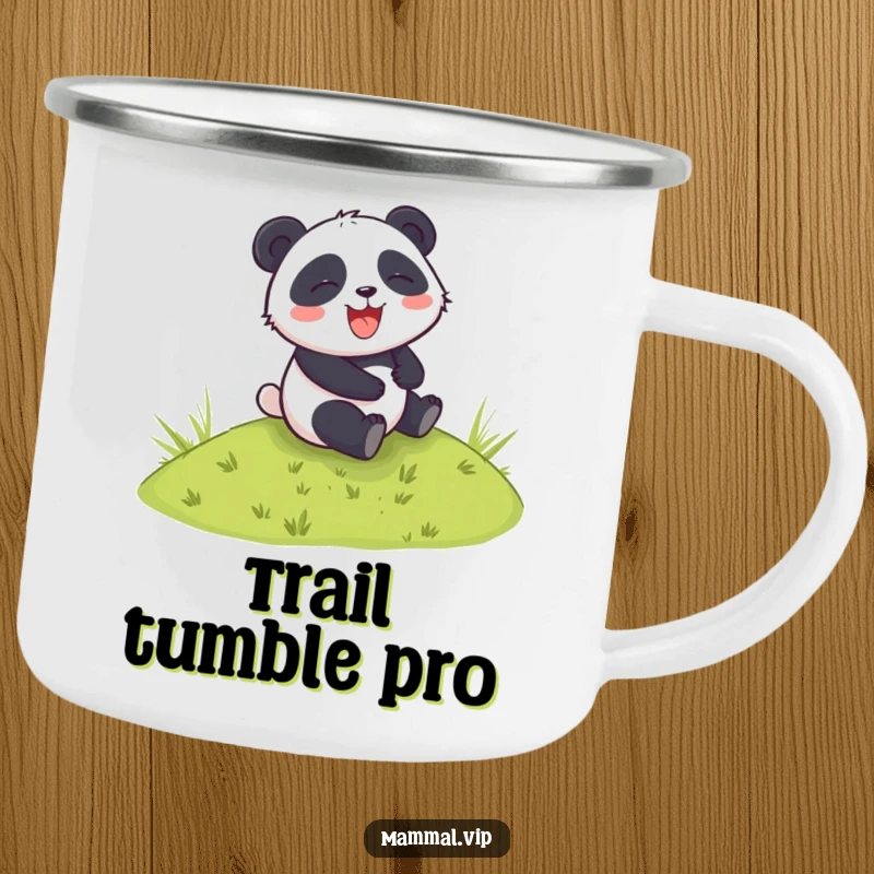 Funny camping mug with a panda character rolling down a grassy hill, perfect for outdoor adventures and sharing laughs.