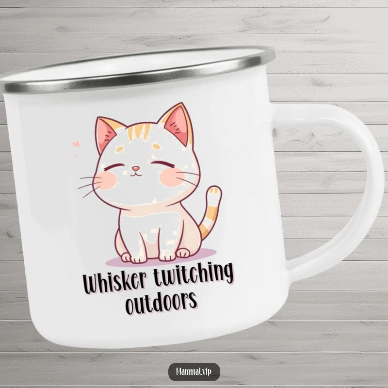 Funny cat camping mug, a serene cartoon cat with closed eyes, peacefully enjoying a gentle breeze in an outdoor setting.