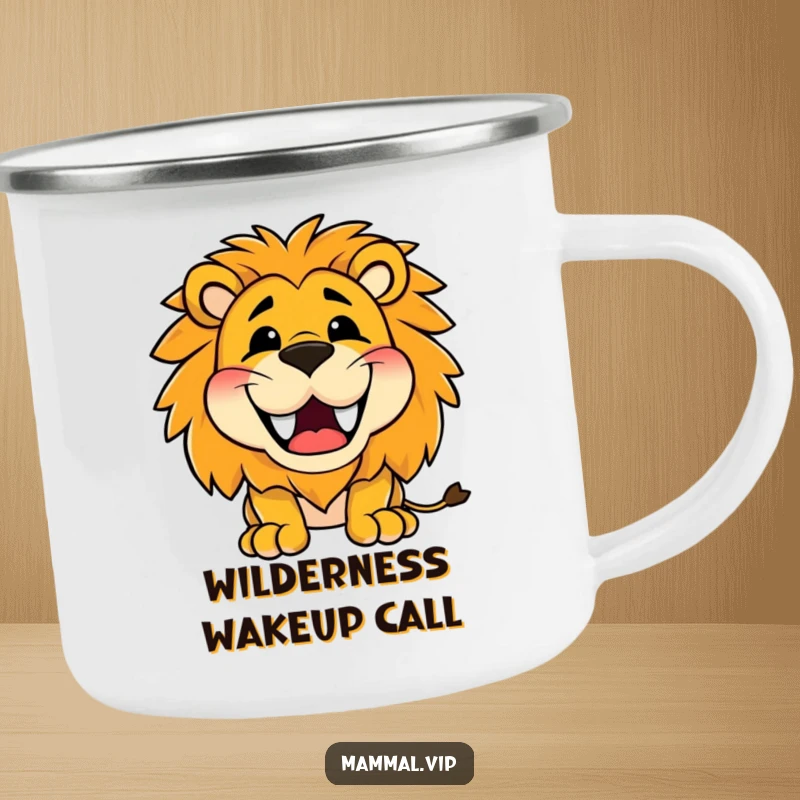 Funny camping mug showing a happy lion character roaring with a wide, toothy grin, ready for outdoor fun and hearty laughs.